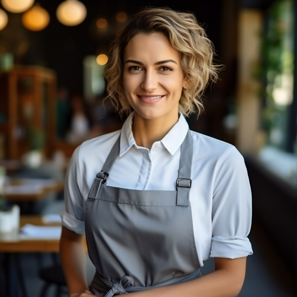 Man sieht eine Kellnerin, die fröhlich in die Kamera blickt. Im Hintergrund ist verschwommen eine Restaurant-Kulisse zu erkennen.